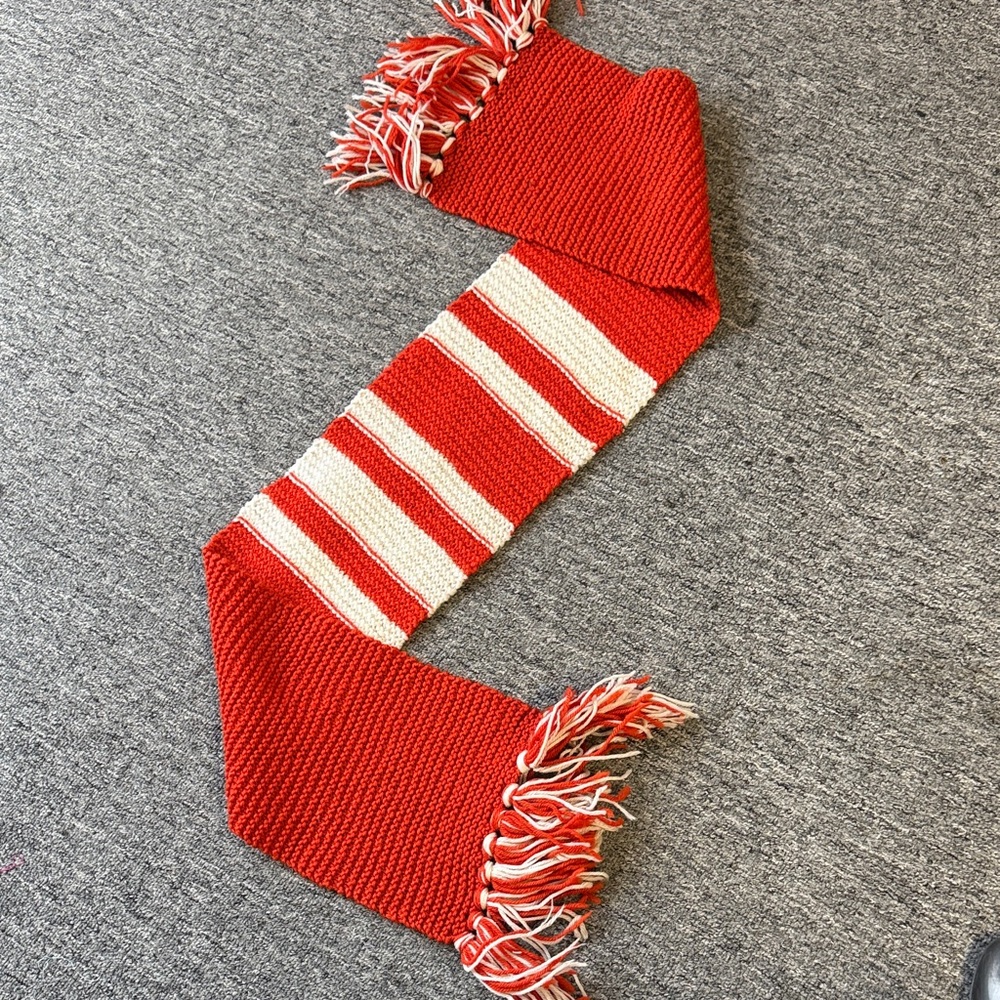 Vermillon and White Striped Knit Scarf
